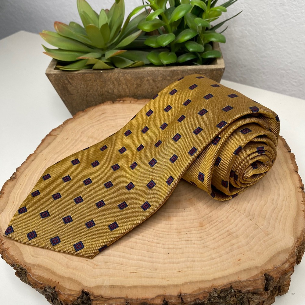 Lands End Mens Gold Silk Geometric Square Pattern Tie Handsewn Preppy Academia‎
